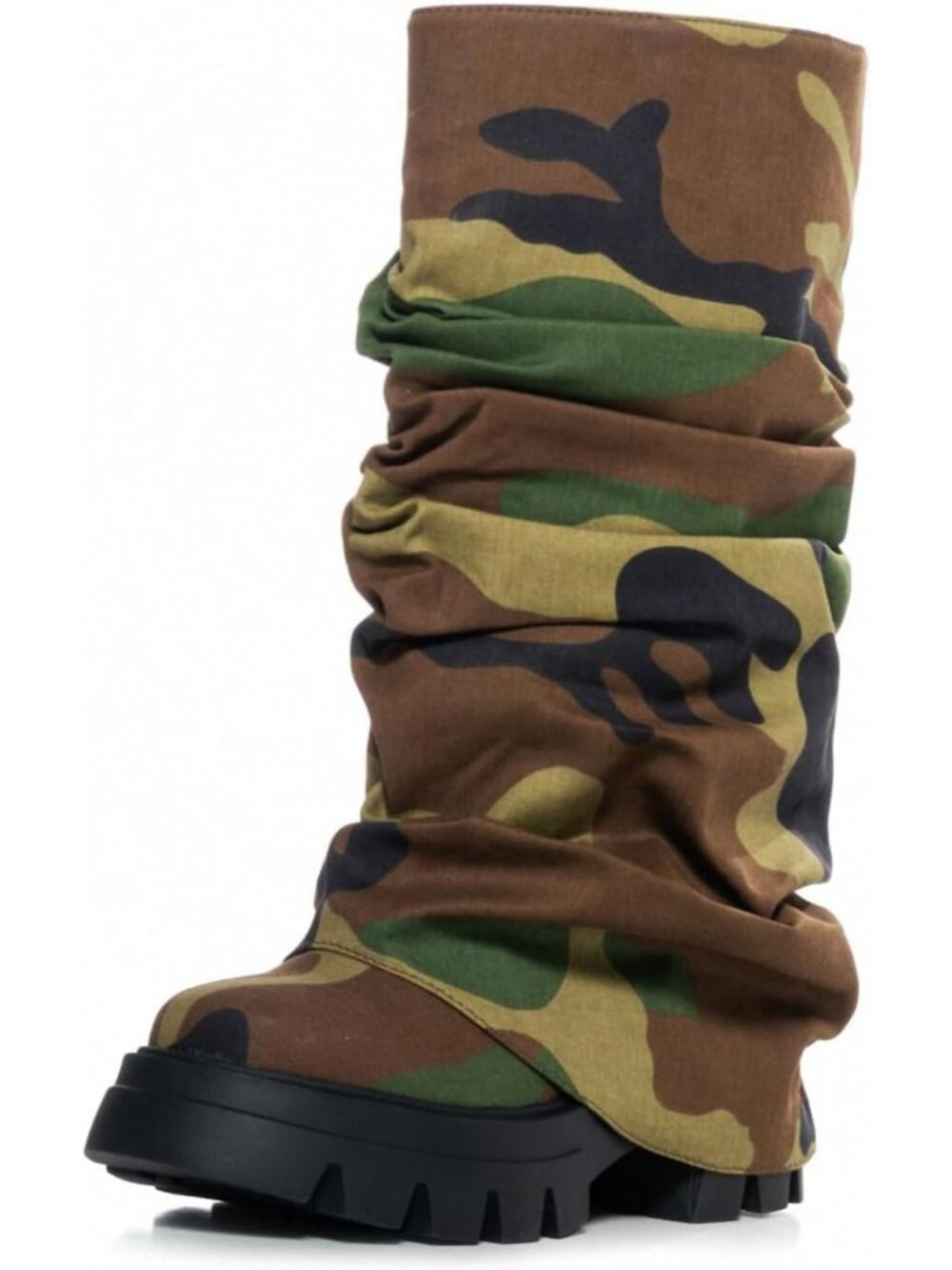 Women's Camo-Style-Blue Fold Over Mid Calf Round Toe Heel Stacked Moon Boots